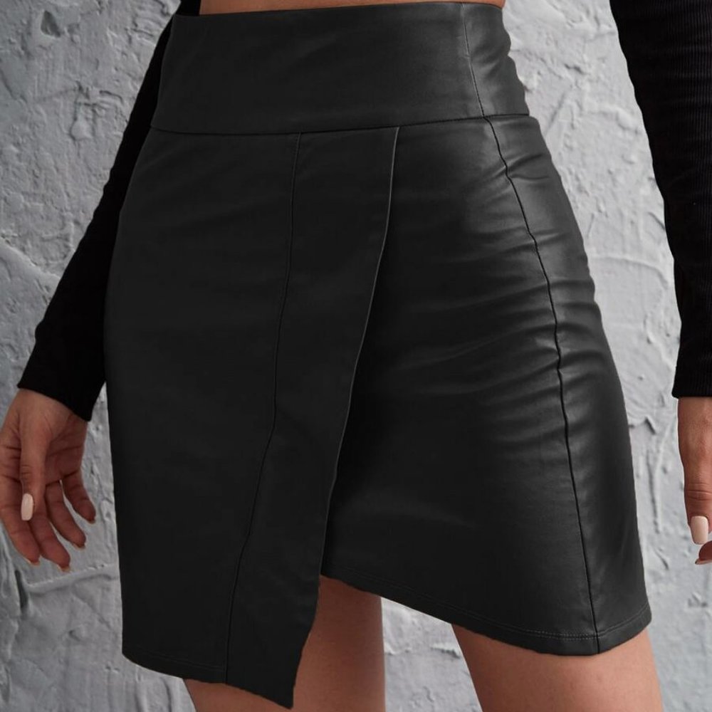 Camel Asym Wide waist vegan leather mini skirt - Picture 10 of 14